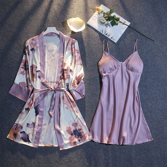 Floral Print Women Summer Pajamas Half Sleeve Belt Cardigan Chest Padded Slip Dress 2 Piece Set Women Outfits Chic Homewear Suit Couture Cozy