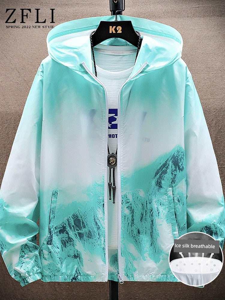 Ice Silk Cool Feeling Sun Protection Clothing Men's Summer Lightweight Breathable Hoodie Snow Mountain Print Outdoor Fishing Sun-Protective Clothing