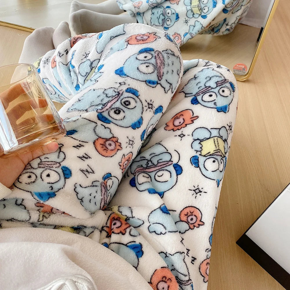 2023 Anime Sanrio Hello Kitty Pajamas Black Flannel Women Kawaii Woolen White Cartoon Casual Home Pants Autumn Fashion Trousers Couture Cozy