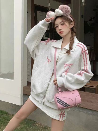 Korean Velvet Bow Bars Coat 2 Piece Set Women Design Sense Cardigan Hoodie Skirt Sets Female Fashion Cute Zipper Sports Suit Couture Cozy