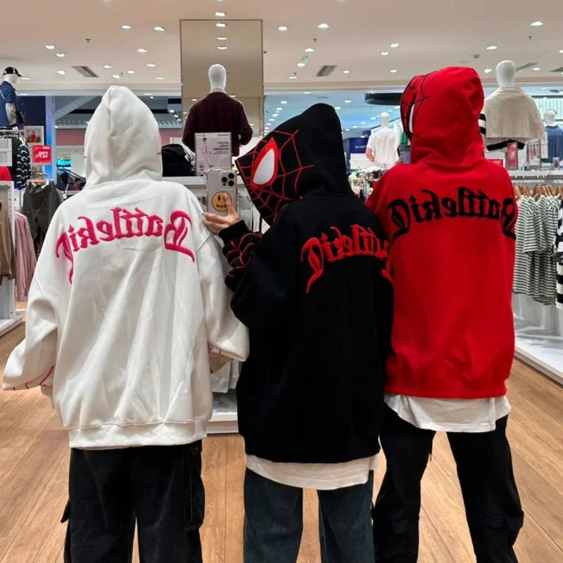 Spider Man Embroidery Design Inspired Zipper Hooded Sweater for Man and Women INS Korean Teens Student Loose Oversize Hoodies