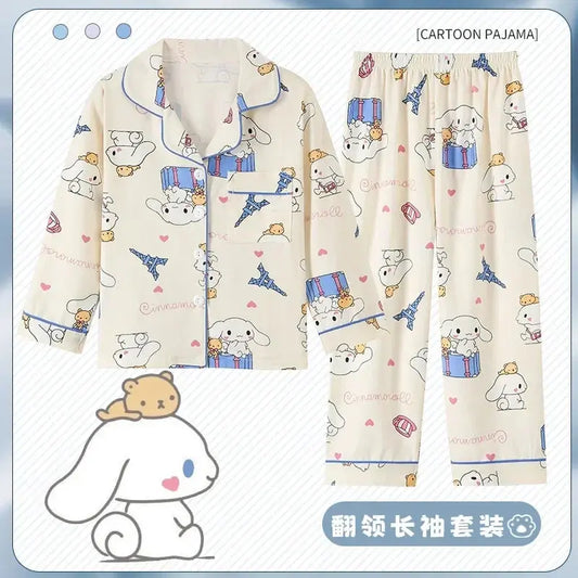 Sanrio Cartoon Cinnamoroll Kuromi My Melody Kid Kawaii Long Sleeve Pajamas Anime Home Wear Thin Girls Comfortable Sleepwear Set Couture Cozy