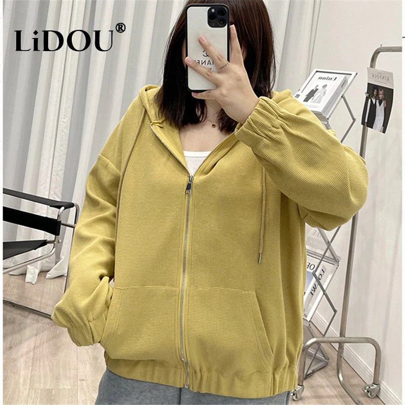 2022 Autumn New Fashion Temperament Korean Plus Size Hoodies Women Loose Casual Waffle Sweatshirt Jacket Solid Elegant Cardigan Couture Cozy