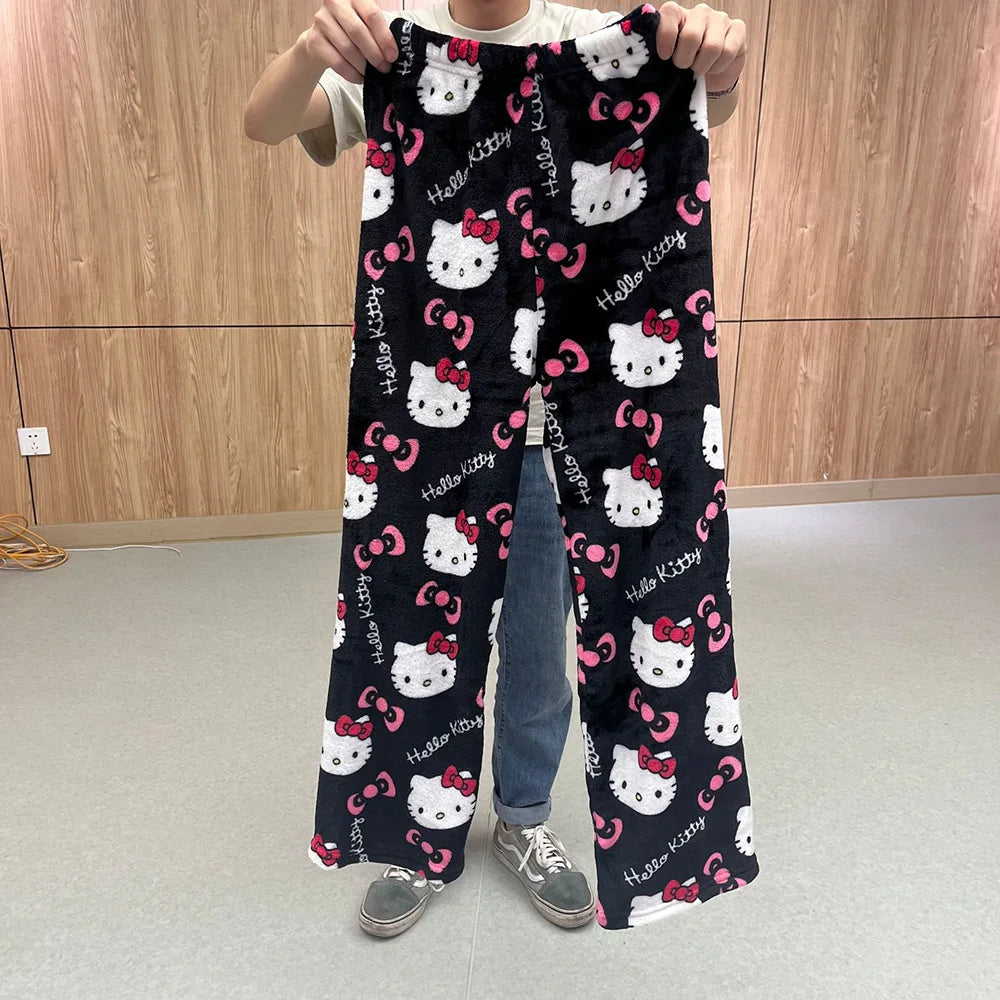 2023 Anime Sanrio Hello Kitty Pajamas Black Flannel Women Kawaii Woolen White Cartoon Casual Home Pants Autumn Fashion Trousers Couture Cozy