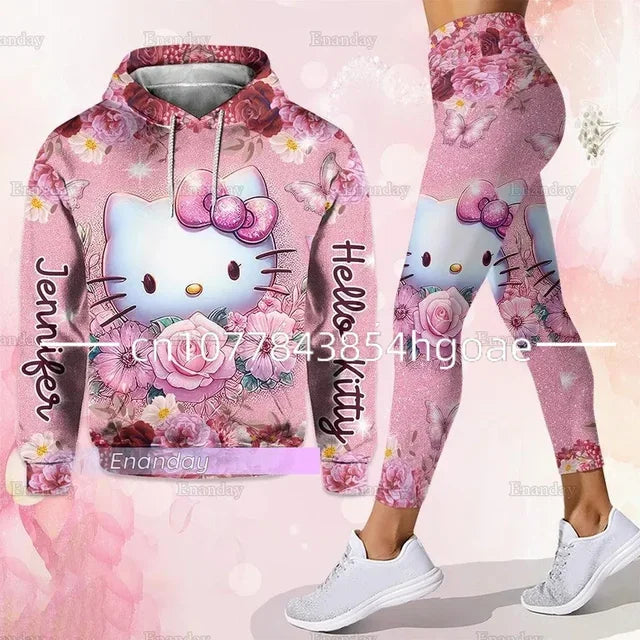 2024 New Hello Kitty 3D Hoodie Women's Hoodie Leggings Suit Stitch Yoga Pants Sweatpants Fashion Sports Suit Disney Yoga Suit Couture Cozy