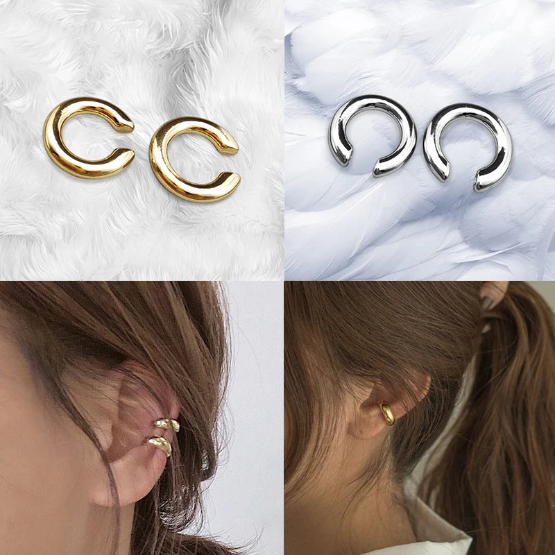 1Pair Fake Piercing Metal Ear Clips Asymmetry Round Cartilage Ear Clip for Women C Shape Ear Cuff Studs Jewelery Christmas Gifts