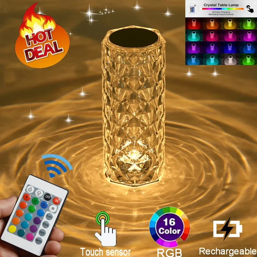 3/16 RGB Colors LED Crystal Table Lamp Rose Light Projector USB Touch Adjustable Romantic Diamond Atmosphere Night Light  Home
