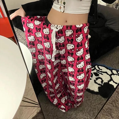 2023 Anime Sanrio Hello Kitty Pajamas Black Flannel Women Kawaii Woolen White Cartoon Casual Home Pants Autumn Fashion Trousers Couture Cozy