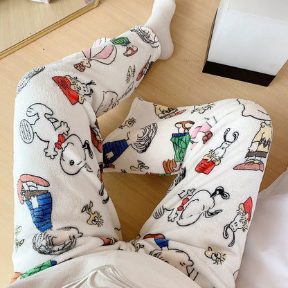 2023 Anime Sanrio Hello Kitty Pajamas Black Flannel Women Kawaii Woolen White Cartoon Casual Home Pants Autumn Fashion Trousers Couture Cozy