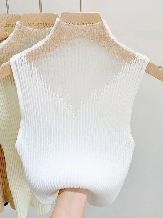 Semi-high Necked Knitted Camisole Ladies Wear Lace Sleeveless Vest Bottoming Shirt Mesh Ladies Sexy Top Korean Fashion Couture Cozy