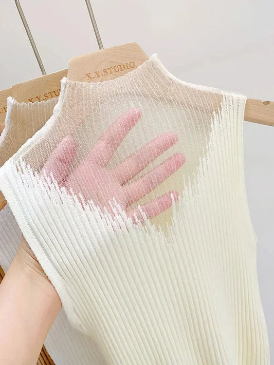 Semi-high Necked Knitted Camisole Ladies Wear Lace Sleeveless Vest Bottoming Shirt Mesh Ladies Sexy Top Korean Fashion Couture Cozy