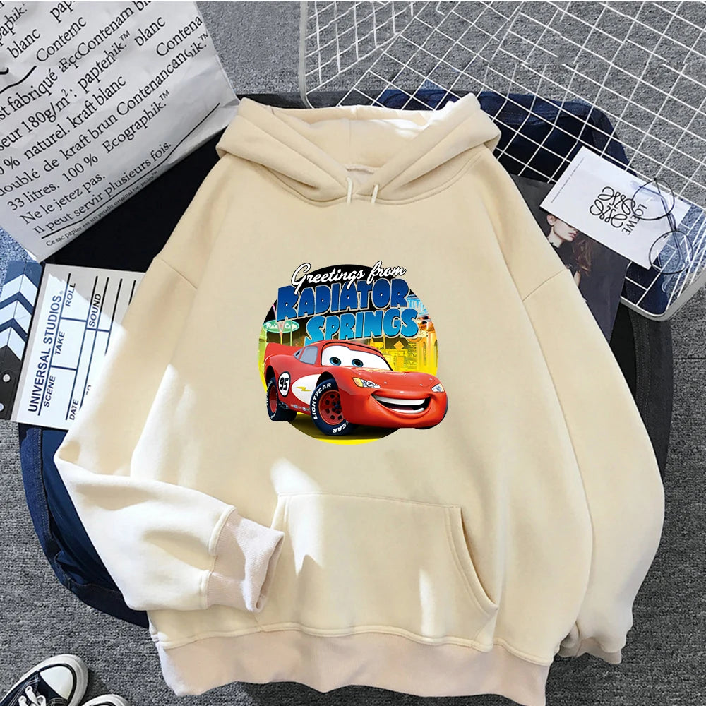 Cars Lightning McQueen Hoodies Women Vintage Jasmine Kawaii Pullover Clothes Cartoons Hooded Sweatshirt Harajuku Aesthetic Tops
