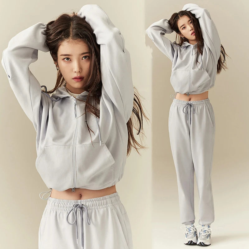 Kpop IU Winter Slim Two Piece Sets Women Tracksuit Autumn Trouser Suits Female Sweatshirt Solid Zipper Sports Hoodie Sportswear Couture Cozy