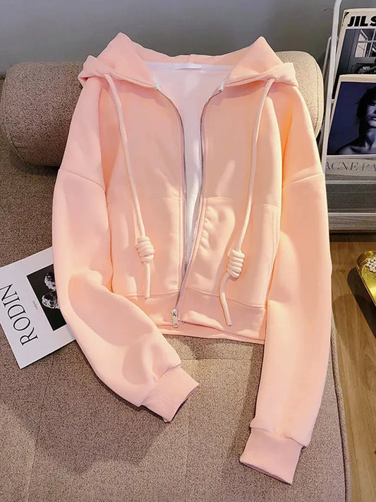 Short Zipper Milk Fufu Preppy Style Hooded Sweatshirt