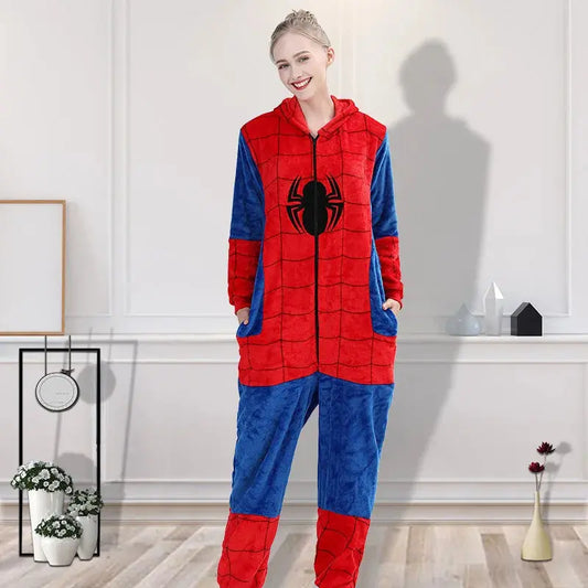 Spider Man Flannel Jumpsuit Pajama Adult Children Home Wear Toilet Version Sleepwear Halloween Costume Indoor Clothing Couture Cozy