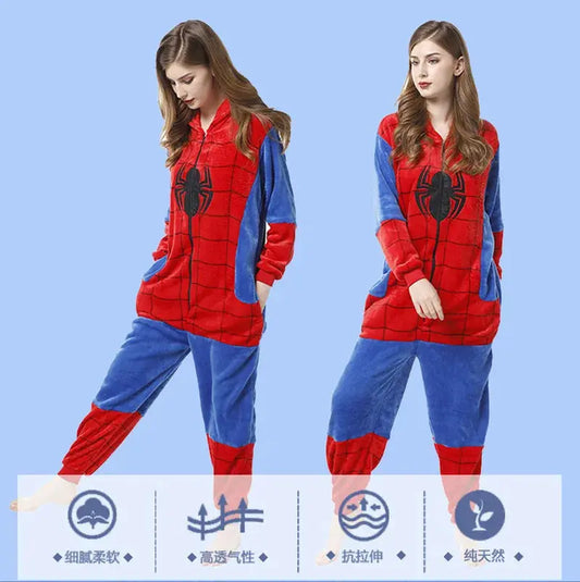 Spider Man Flannel Jumpsuit Pajama Adult Children Home Wear Toilet Version Sleepwear Halloween Costume Indoor Clothing Couture Cozy