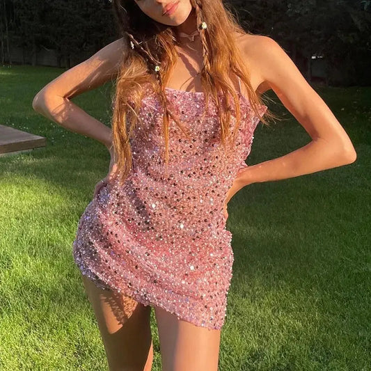 Spring Glitter Sequin Shiny Mini Short Dress Women Sexy Strapless Hollow Slim Bodycon Dress Summer Backless A-Line Party Dresses