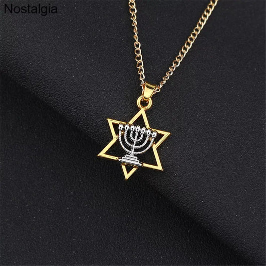 Star Of David Menorah Jewish Jewelery Religious Necklace Women Hebrew Men Judaica Hebrew Israel Faith Lamp Hanukkah Pendant