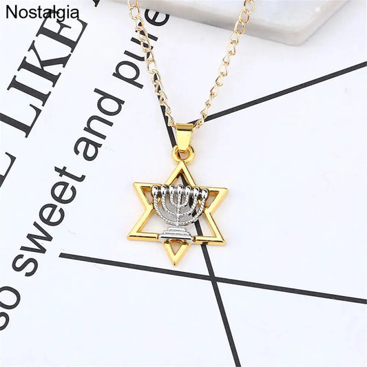 Star Of David Menorah Jewish Jewelery Religious Necklace Women Hebrew Men Judaica Hebrew Israel Faith Lamp Hanukkah Pendant Gift