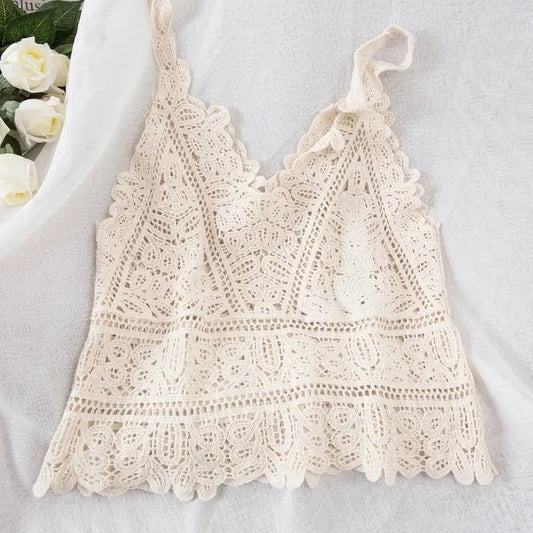 Summer Sweet Short Style Lace Vest crop top Women Hollow Out Fashion Camis Vacation Beach Knitted LooseTop Womens Sexy Tank Tops Couture Cozy