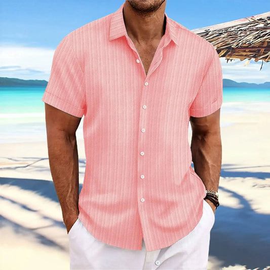 Summer men cool vertical striped beach solid short-sleeved shirt