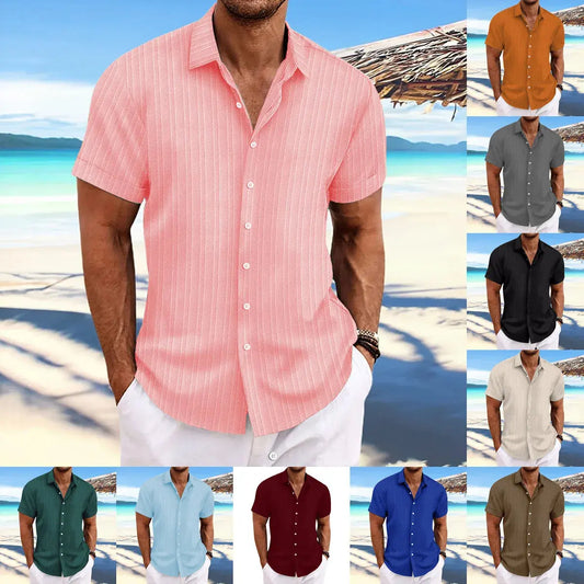 Summer men cool vertical striped beach solid short-sleeved shirt