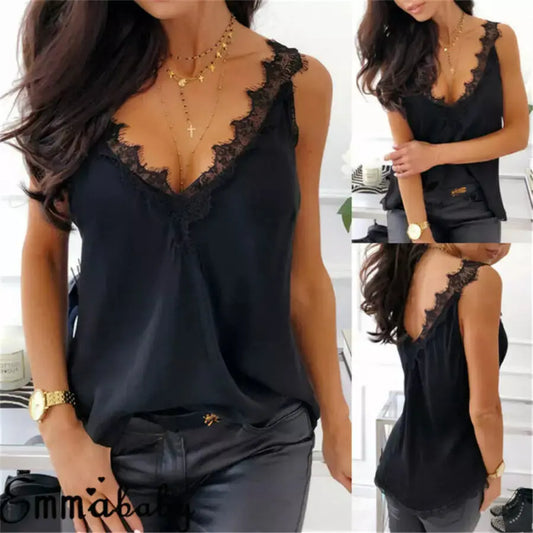 Women Sexy Lace Strappy V-neck Sleeveless Open Back Camisole Vest Ladies Tank Top Silk Cami Satin Effect Couture Cozy