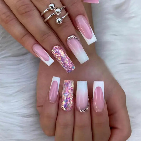 Women's Fashion Simple French Gradient Length Pile Rhinestone Fake Nails - Couture Cozy