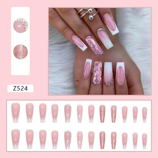 Women's Fashion Simple French Gradient Length Pile Rhinestone Fake Nails - Couture Cozy