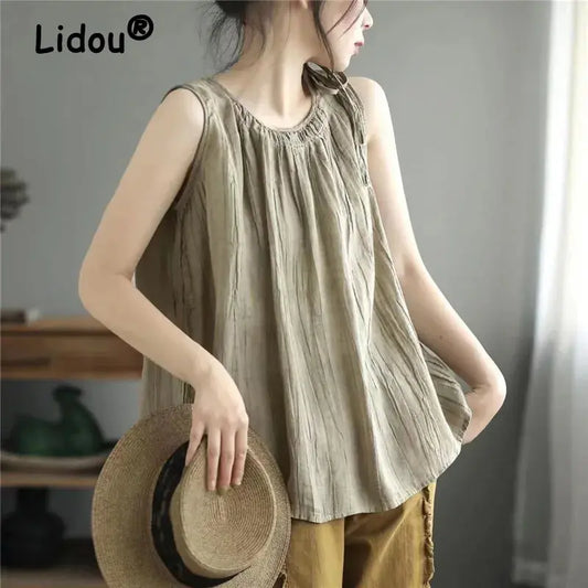 Women's Pleated Lace Up Simple Casual Cotton Tank Tops Y2K Summer Solid Chic Sleeveless Vest Kawaii Loose Camisole Ropa De Mujer Couture Cozy