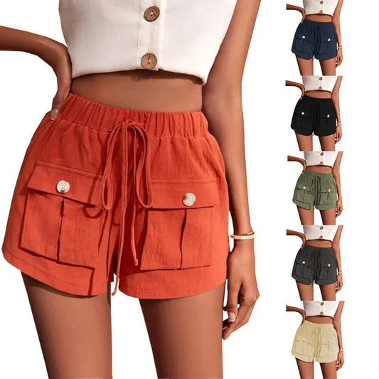 Women's Pocket Loose Mid Waist Drawstring Leisure Cargo Short - Couture Cozy