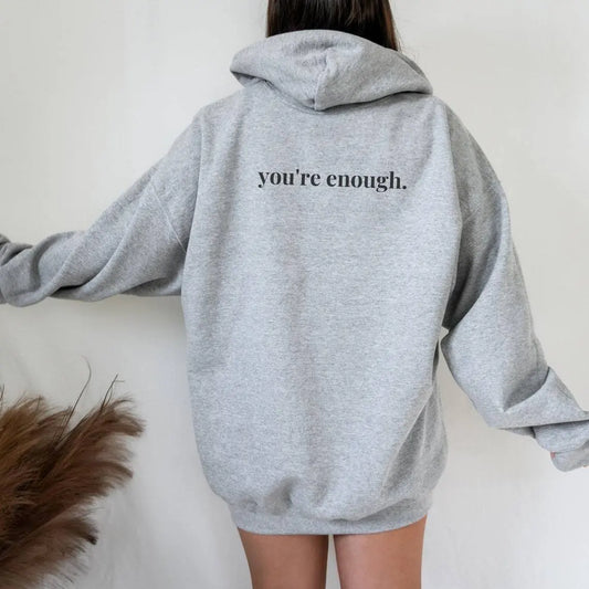 You're Enough Printed Back Casual Hooded Pocket Sweater - Couture Cozy