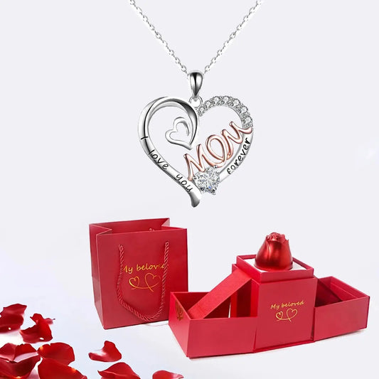 Zircon MOM Heart Necklace With Rose Flower Gift Box For Mother Birthday Romantic Mother's Day 2024 New Fashion Luxury Jewelry