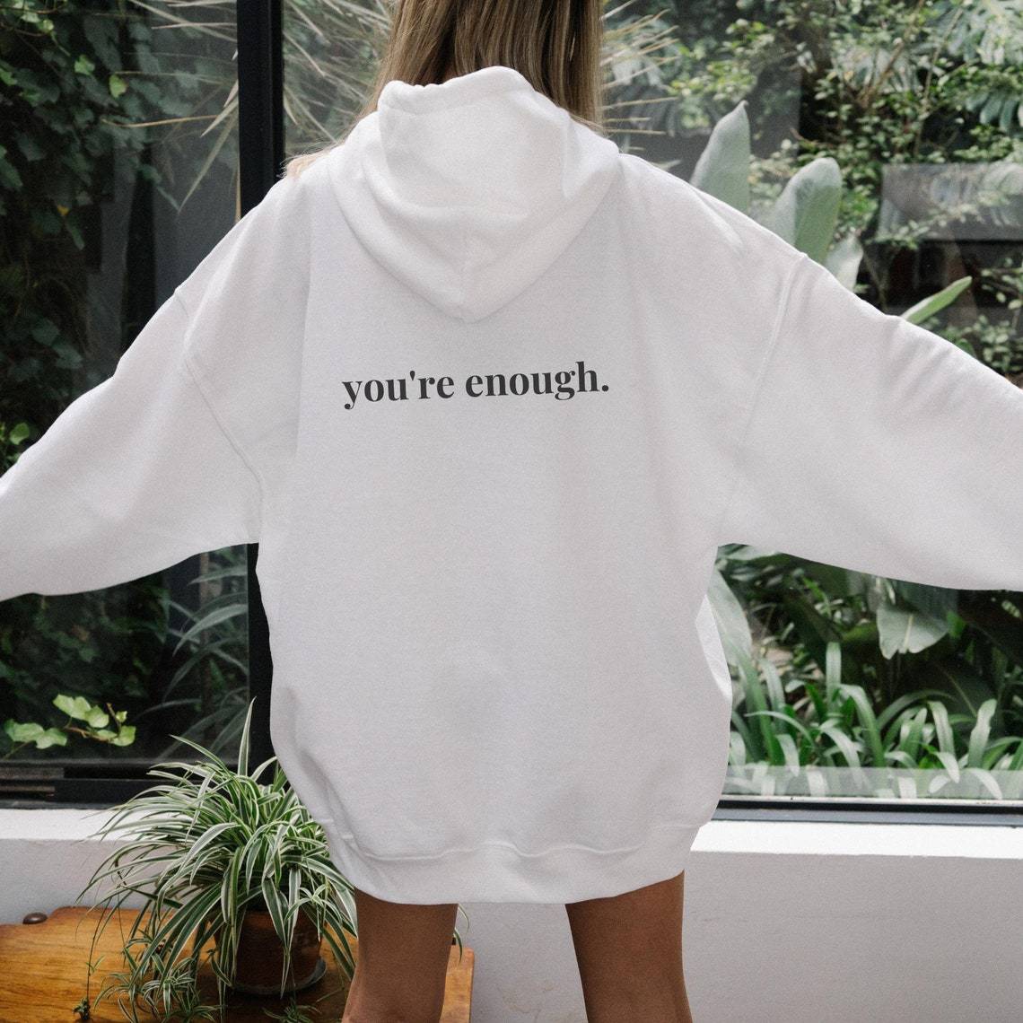 You're Enough Printed Back Casual Hooded Pocket Sweater - Couture Cozy