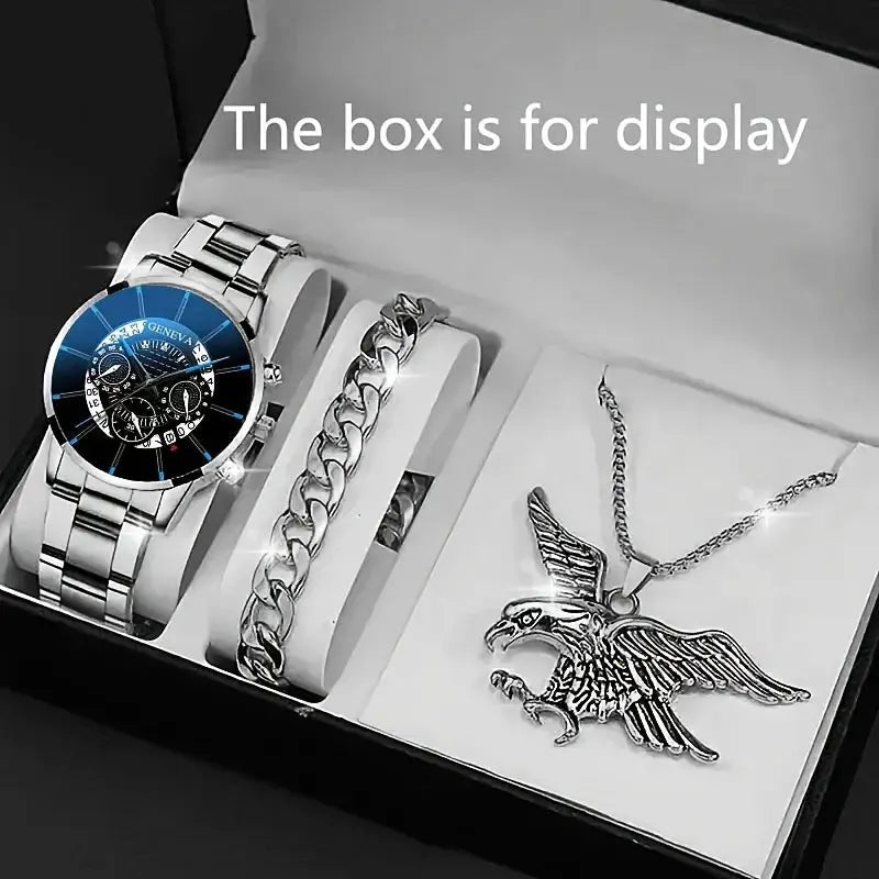 1/3pcs/set, Fashion Men's Business Calendar Watch & Bracelet & Eagle Pendant Necklace, Ideal Gift Choice